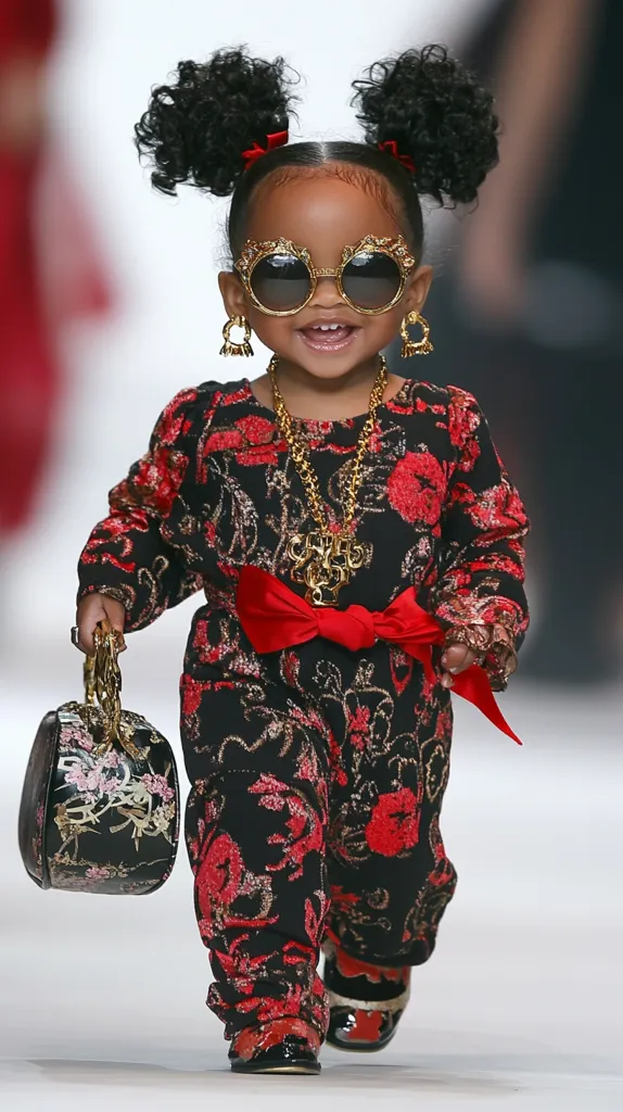 A young girl with curly black hair is wearing a black and red floral jumpsuit and carrying a black and gold handbag. She is wearing gold-rimmed sunglasses, large gold hoop earrings, and a gold chain necklace. She is smiling and walking down a runway.  She is wearing black patent leather shoes. The background is out of focus, but it appears to be a runway with a white background.