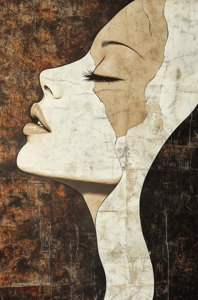 The image is a close-up portrait of a woman's face. Her eyes are closed, and her lips are slightly parted. The background is a textured brown and white. The image is stylized with a cracked and worn effect. The woman's face is partially obscured by a white veil or fabric.  The image has a feeling of mystery and contemplation.