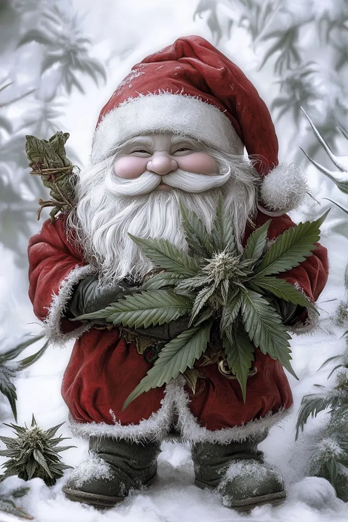 A jolly Santa Claus, dressed in his traditional red suit and white beard, smiles warmly as he holds a large, leafy marijuana plant. He stands in a snowy landscape, surrounded by evergreen trees, creating a whimsical and festive scene. The image suggests a playful and unconventional interpretation of the holiday season.
