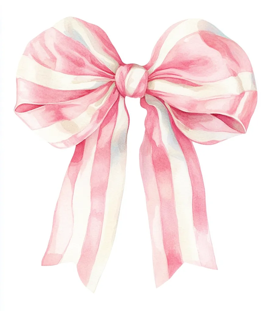 A watercolor illustration of a large pink bow with white stripes. It's tied in a perfect loop and has a soft, delicate look. The bow is the focal point of the image and it's set against a white background.  It's a simple, elegant design that conveys a sense of celebration and joy.