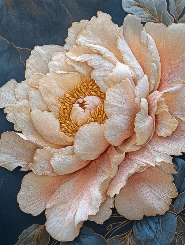 A delicate white and pink peony flower, embroidered with fine thread, is the focal point of this image. The intricate details of the petals and the subtle shading create a realistic and almost tangible quality. The flower is set against a deep blue background, accented with gold and green leaves, adding a touch of elegance and depth to the composition.