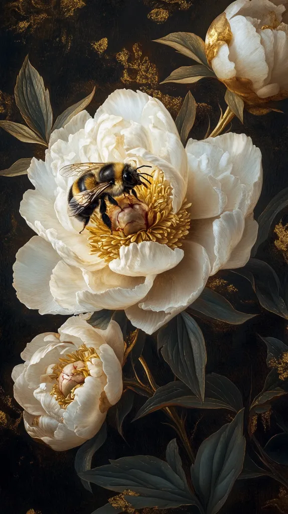 A large white peony with a bumblebee perched on its center, surrounded by dark green leaves and other white peonies. The image has a dark, moody background with hints of gold. The detail of the bee and flowers is intricate, and the overall composition is balanced and visually appealing.