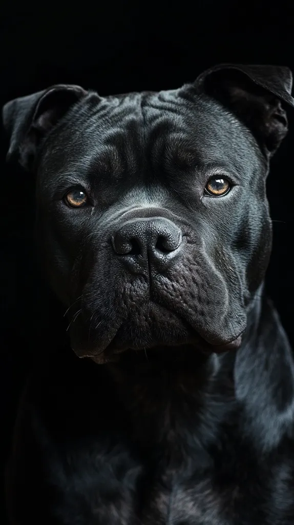A black dog with a serious expression stares directly at the camera. Its eyes are bright and alert, and its nose is wet and black. The dog's fur is short and sleek, and its ears are perked up. The background is black, creating a dramatic contrast with the dog's dark fur. The image is well-lit and the dog's features are sharp and defined. The overall impression is one of power and intensity.