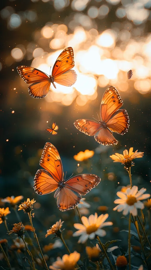 The image shows four orange butterflies fluttering above a field of daisies. The butterflies have delicate wings with intricate patterns. The daisies are in various stages of bloom, with some having white petals and others having yellow ones. The background is blurry, suggesting a warm, sunny day. The overall image evokes a sense of peace and tranquility.