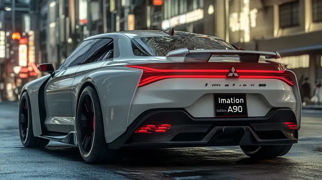 A white sports car with the name "Imation A90" on the back is parked on a city street. It has a sleek, futuristic design, and the rear lights are illuminated. The car is positioned in the middle of the frame, with the background slightly out of focus. The overall image conveys a sense of speed and power.