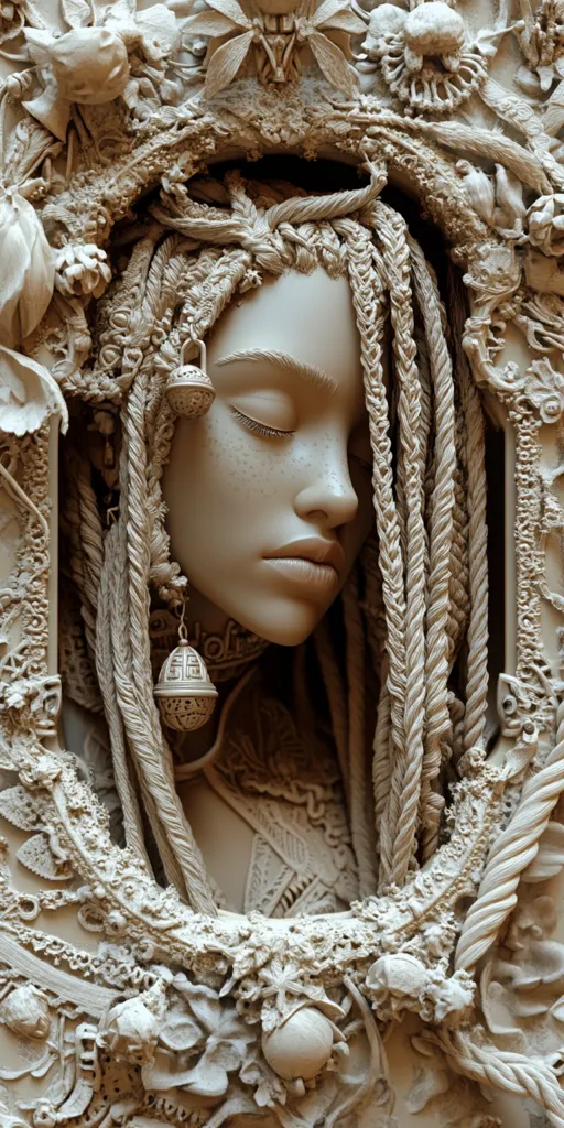 A close-up shot of a sculpted female head. The head is framed by a delicate and intricate carved border. The sculpture is in a muted, off-white tone, highlighting the intricate details of the hair, face, and the ornate frame.  The woman's eyes are closed, and she has delicate, ornate earrings that are almost indistinguishable from the frame surrounding her.