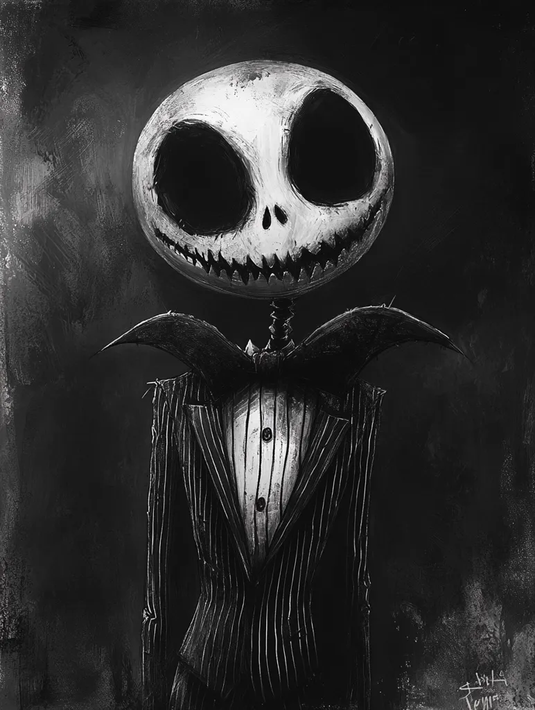 The image is a black and white drawing of a character resembling Jack Skellington from the movie "The Nightmare Before Christmas." The character has a large, white skull-like head with a stitched-on smile. He wears a pinstriped suit and a bow tie. The background is dark and textured, adding to the character's eerie and whimsical aesthetic. The drawing captures the character's signature look and adds a unique artistic style to the classic Halloween icon.