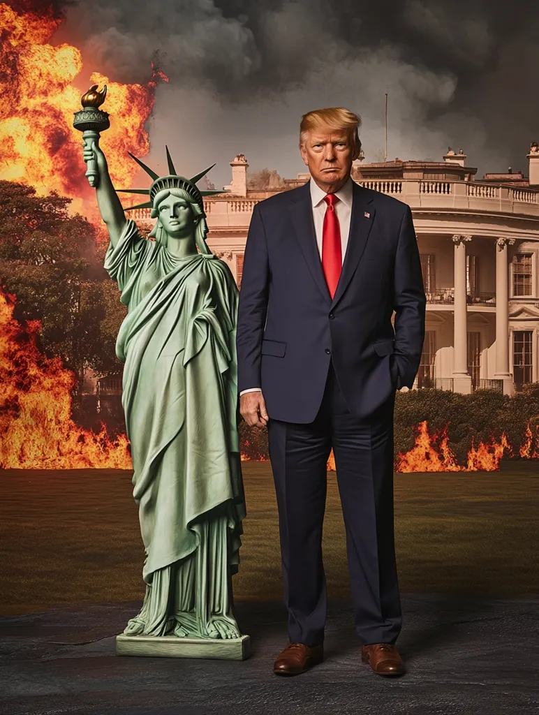 The image depicts Donald Trump standing in front of a burning Statue of Liberty. Behind him is the White House. The image is a political commentary on the state of America. The burning Statue of Liberty represents the destruction of American values, while the White House in the background represents the seat of power. Trump's presence in the image suggests that he is responsible for the destruction of American values. The image is meant to be provocative and to make the viewer think about the current state of America.