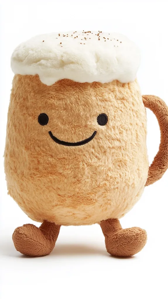 A plush toy shaped like a smiling coffee mug with a white lid and a brown handle. It has brown, furry legs. The toy is sitting on a white background. The toy is made of soft, fluffy fabric.  It has a simple, friendly face with black eyes and a smile. The toy is a charming and whimsical object that would be sure to bring joy to any child.