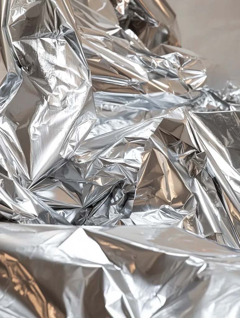 A crumpled pile of shiny silver foil reflects light, creating a textured and abstract image. The folds and creases create a sense of depth and movement. The metallic sheen adds a touch of elegance and sophistication.  The light catches the surface, highlighting the intricate details of the foil.  The image evokes a sense of mystery and intrigue.