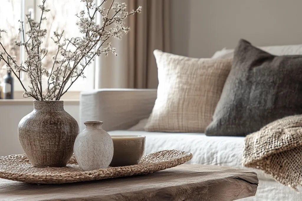 A wooden coffee table with a woven tray holding two ceramic vases and a candle. Dried flowers are in the larger vase.  The table sits in front of a white sofa with brown and beige throw pillows and a throw blanket. The background is blurry, suggesting a window with natural light. The image exudes a warm and cozy atmosphere with its natural tones and textures.