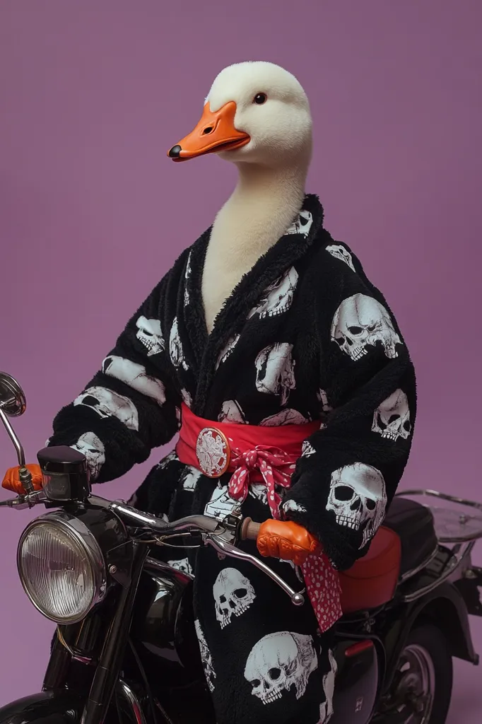 A white goose, wearing a black robe with white skulls and a red sash, is riding a black motorcycle with a large headlight. The background is a soft purple. The goose has an orange beak and an intense expression. The overall scene is humorous and surreal.