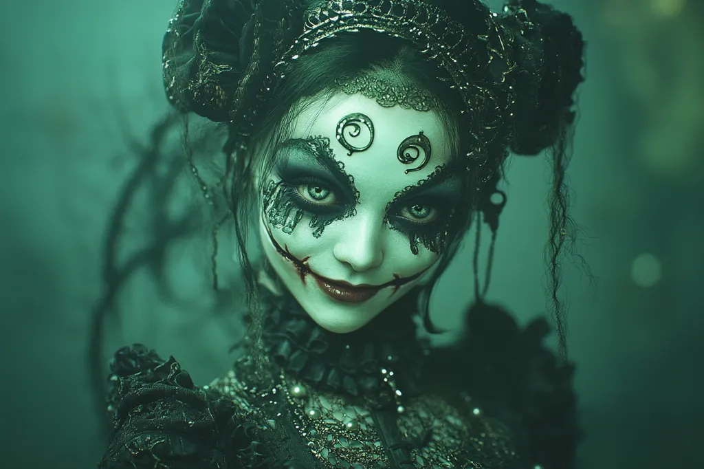 A woman with dark, elaborate makeup and a sinister smile stares intensely at the viewer. She wears a black lace dress and her hair is styled in a way that evokes a gothic aesthetic. The background is a blurry green, creating an eerie atmosphere. The image suggests a sense of mystery and darkness, perhaps a Halloween costume or a character from a fantasy world.