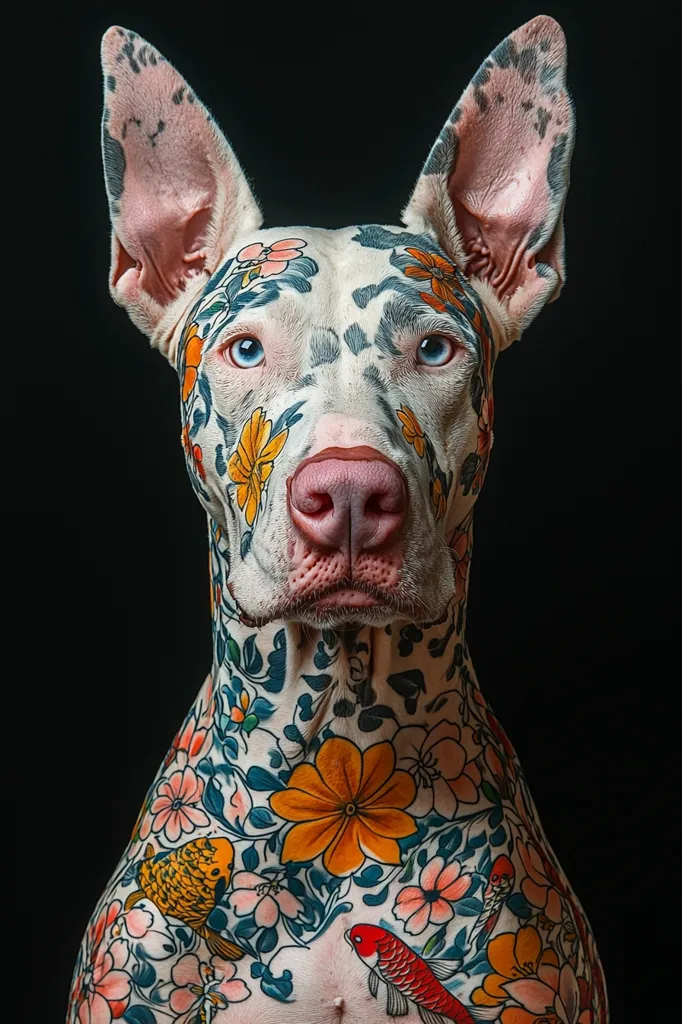 A white dog with blue eyes, is looking directly at the camera. The dog is covered in a floral tattoo, that includes a variety of colorful flowers and birds. The dog's coat is completely covered, and the tattoo extends onto its ears. The background is black.