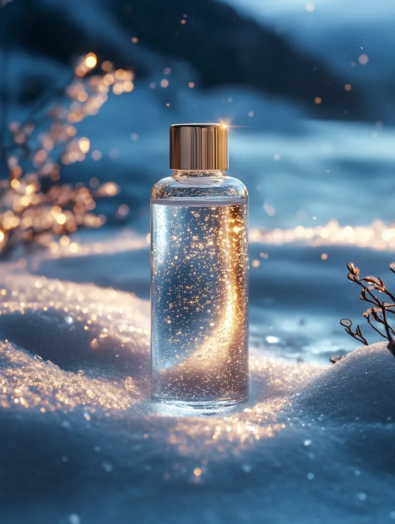 A glass bottle of clear liquid with a gold lid sits on a bed of sparkling white snow. The bottle is filled with tiny bubbles that reflect the light, creating a magical effect. The background is blurred, with a hint of blue and white, suggesting a wintery landscape. The overall image is serene and ethereal, evoking a sense of tranquility and purity.