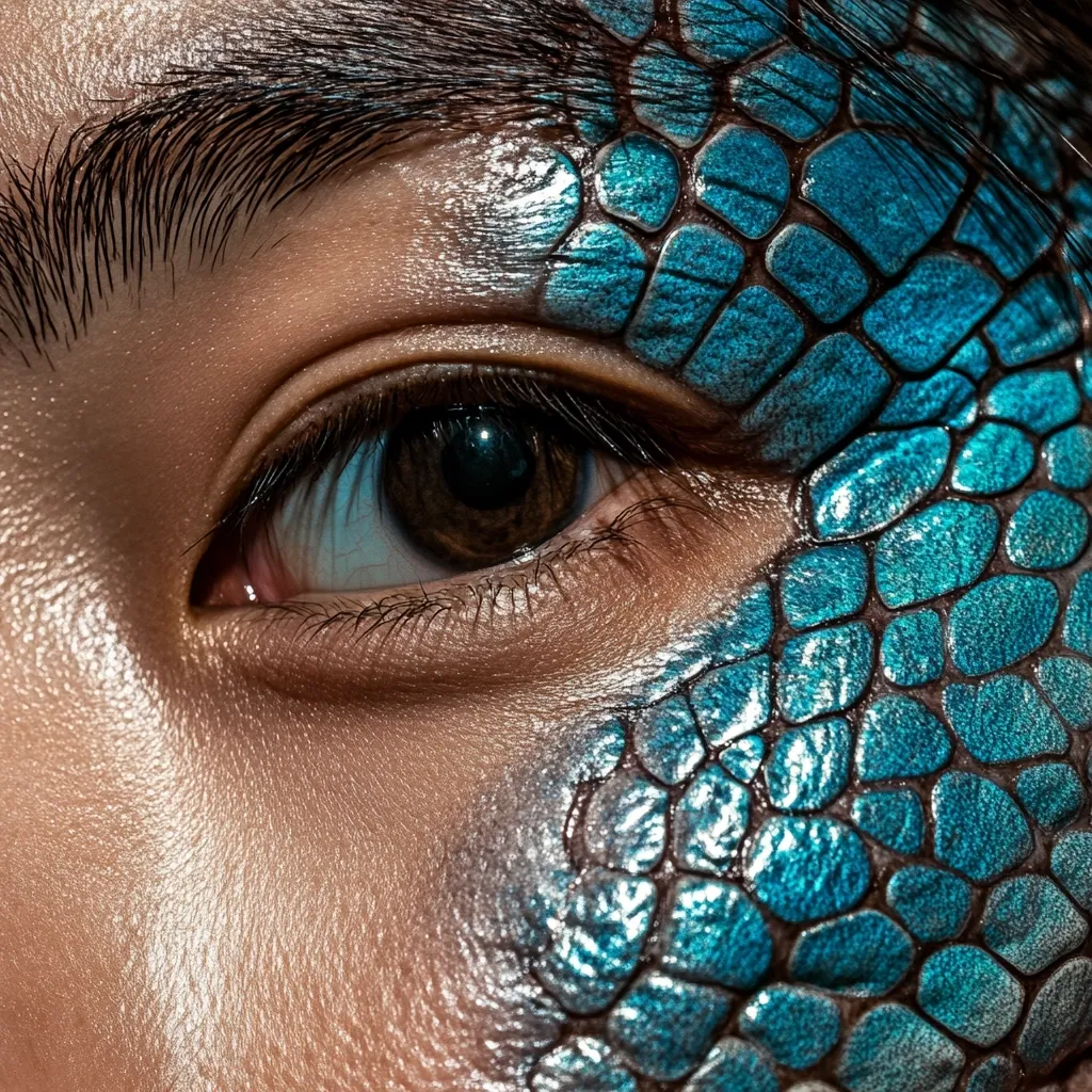 A close-up of a person's eye, with a blue, scaly pattern painted on the skin near the eye. The pattern resembles scales, potentially referencing a creature like a mermaid or dragon. The eye is dark and deep, with long lashes. The image creates a sense of mystery and intrigue.