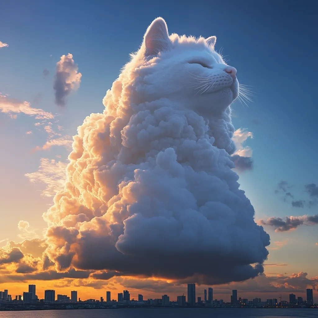 A large, white cat, made of fluffy clouds, floats above a city skyline at sunset. The cat's face is visible, with closed eyes and a serene expression. The clouds are illuminated by the setting sun, casting a warm glow across the scene. The city below is silhouetted against the vibrant sky.