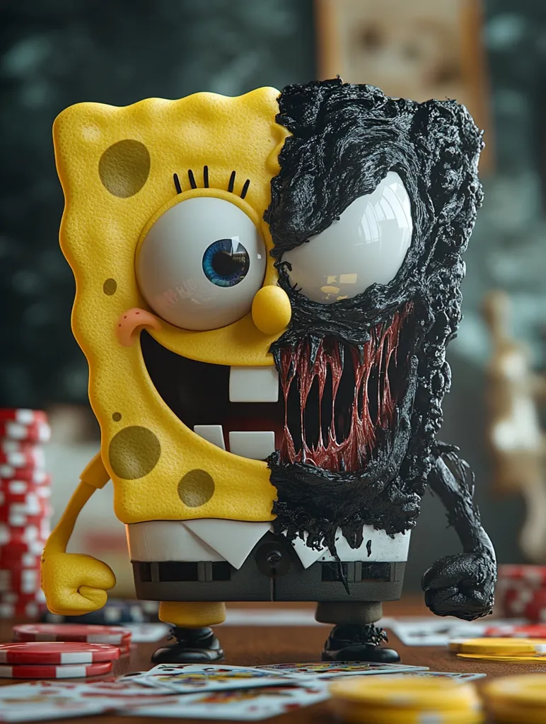 A cartoon figure resembling SpongeBob Squarepants is depicted, with the right half of his body morphing into the sinister symbiote Venom. The character's eyes are wide, one with a friendly cartoon look and the other with a menacing red glow. He stands on a wooden table with playing cards and chips scattered around him. The overall effect is a humorous and unsettling fusion of two iconic characters.