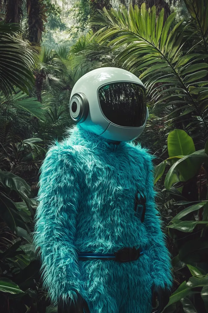 A person wearing a white astronaut helmet and a bright blue fluffy suit stands in a lush green jungle. The suit has a black belt and dark gloves. The background is filled with thick tropical plants and trees. The figure's face is obscured by the helmet, creating a sense of mystery. The scene suggests exploration and a futuristic setting.