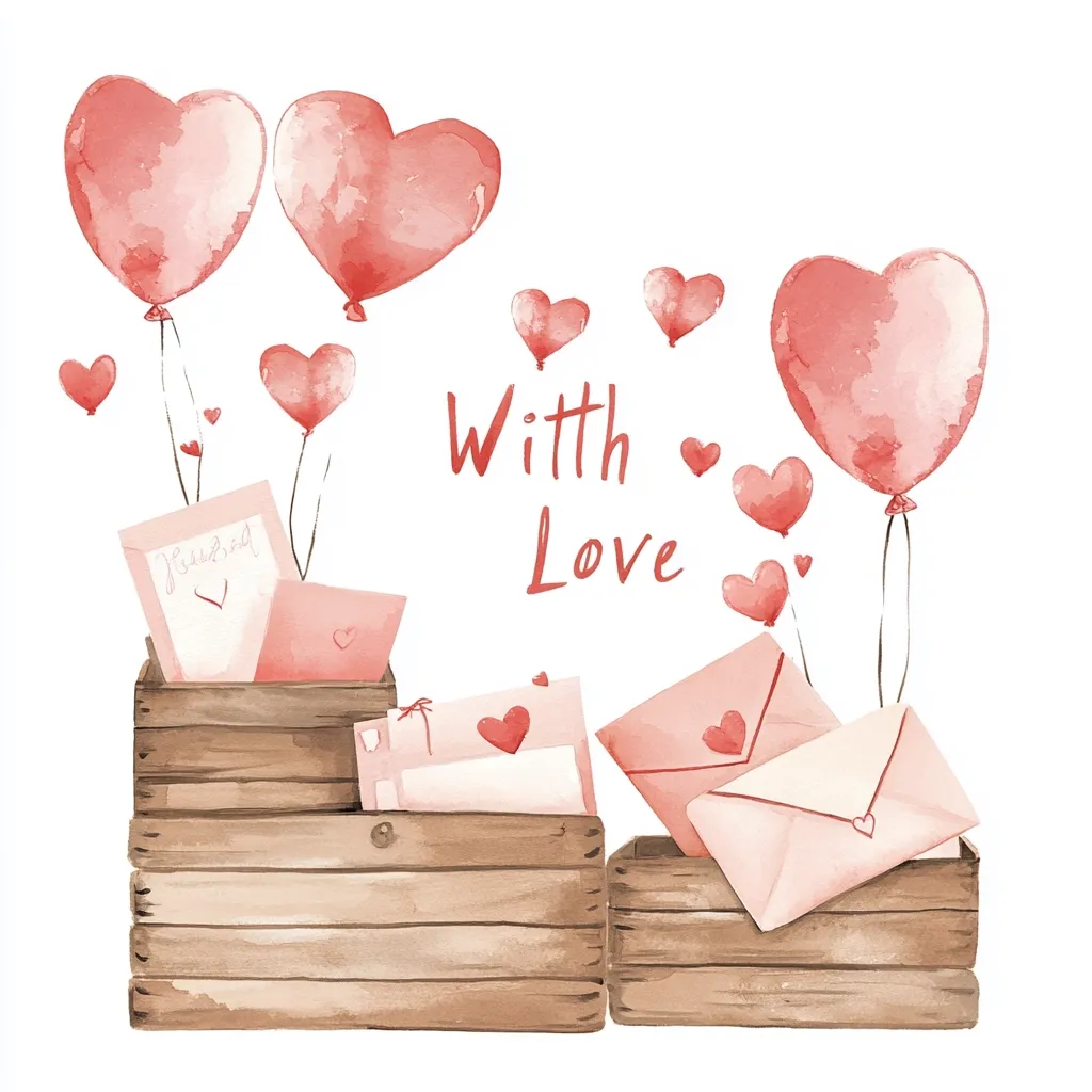 The image is a watercolor illustration of a romantic Valentine's Day scene.  Two large red heart-shaped balloons, along with several smaller ones, are floating above a set of three wooden crates.  The crates are overflowing with pink and red envelopes and handwritten notes.  The words "With Love" are written in a playful font at the center of the image.  The overall effect is charming and heartwarming.