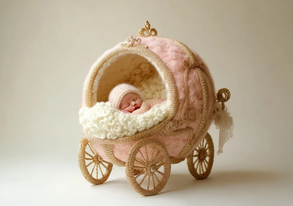 A newborn baby, wearing a pink knitted hat, sleeps peacefully inside a pink and gold knitted carriage. The carriage is adorned with intricate details, including a golden crown and wheels. The baby is surrounded by white, fluffy bedding, creating a cozy and magical atmosphere. The image is soft, delicate, and evokes a sense of wonder and innocence.