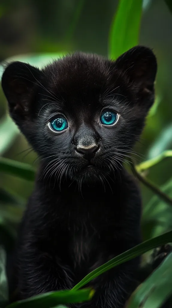 A small black panther kitten with piercing blue eyes is nestled among lush green foliage. Its sleek, dark fur blends seamlessly with the surrounding greenery, creating a striking contrast. The kitten's innocent expression and bright eyes suggest a playful and curious nature. The image captures a moment of tranquility and beauty, highlighting the captivating charm of wild animals in their natural habitat.