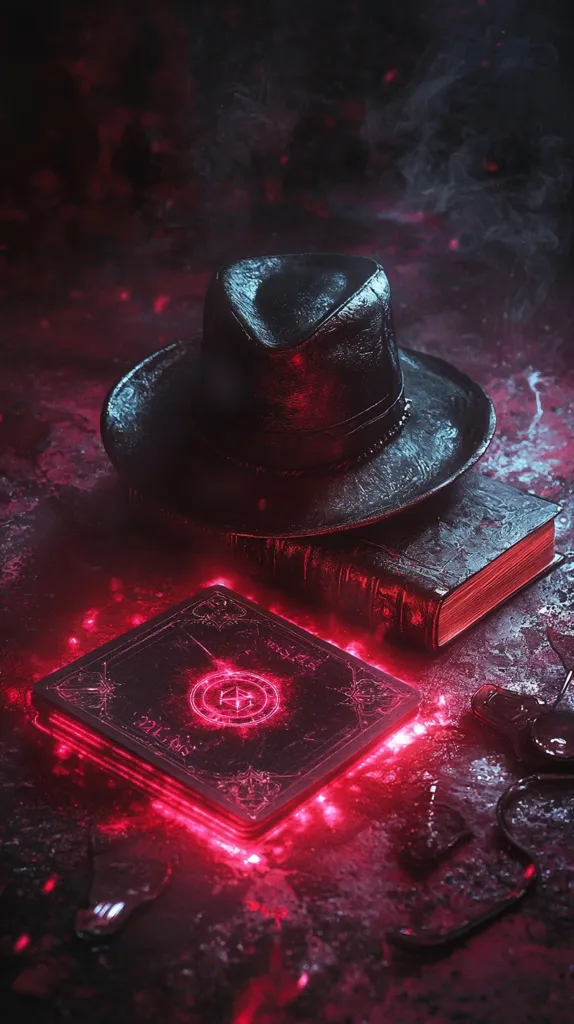 A dark, mysterious scene with a black fedora hat resting on top of a thick, leather-bound book.  The book is glowing with a red light, emanating from the glowing symbol on its cover. The setting is ominous and hints at a secret or spell being cast.