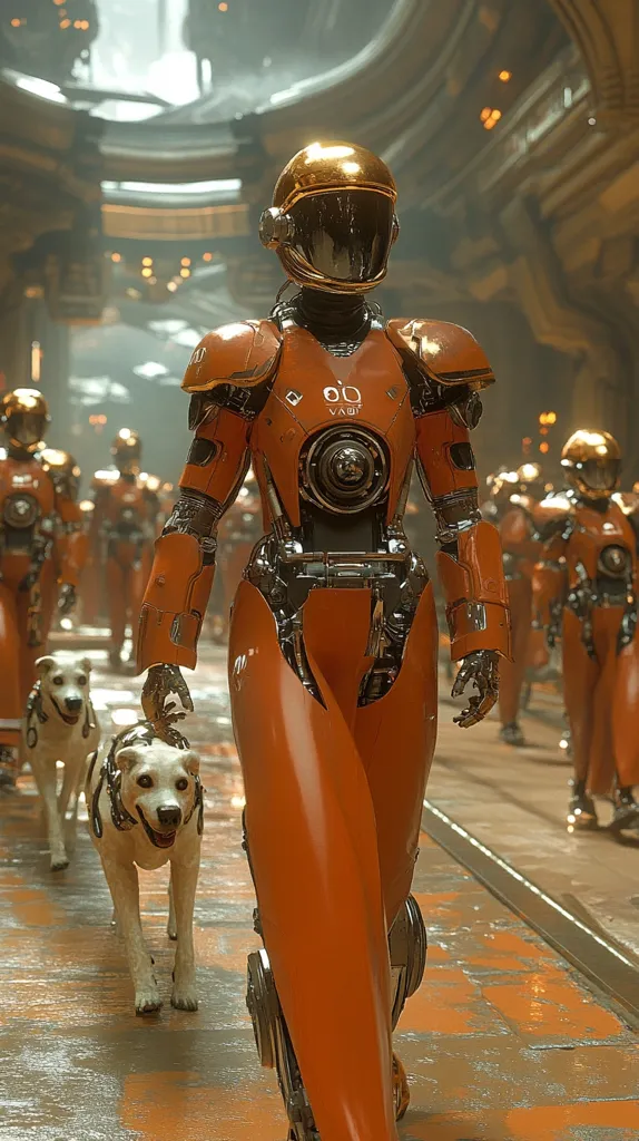 A humanoid robot in a bright orange suit and a golden helmet walks down a futuristic hallway, leading two white dogs on leashes.  Other robots, similar in design, can be seen in the background, creating a sense of a robotic society.  The metallic sheen of the robots and the glowing lights in the hallway create a stark and imposing atmosphere.