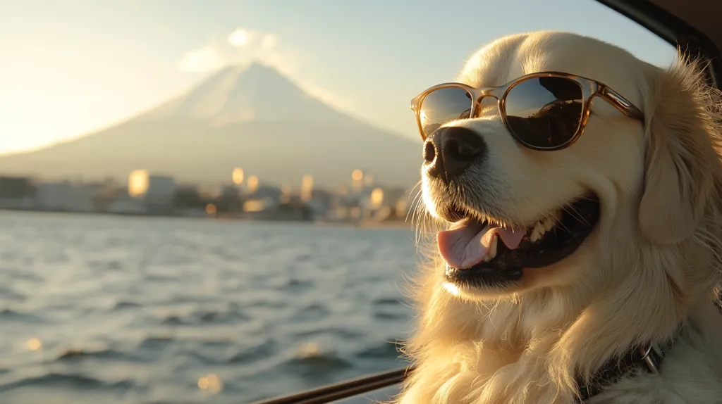 A golden retriever dog wearing sunglasses looks out of a car window with a city and a mountain in the background. The dog has its tongue sticking out, suggesting it is happy. The sun is shining and the water is glistening in the background.