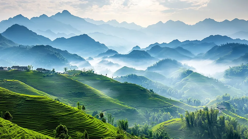 The image shows a breathtaking landscape of rolling green hills, layered with rice paddies, stretching out towards a hazy mountain range in the distance. The sky is a soft blue, with wisps of clouds floating overhead.  The air is filled with a gentle mist, giving the scene a surreal and dreamlike quality.