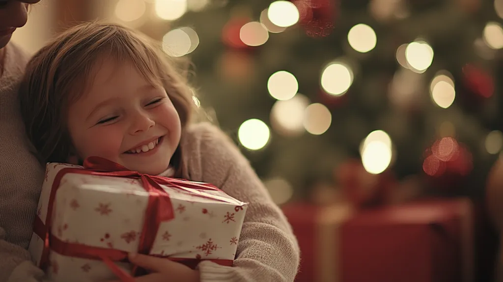 A young girl with bright eyes and a wide smile holds a wrapped gift,  her face lit by the warm glow of Christmas lights. She is wrapped in a hug from an adult, creating a heartwarming image of love and joy during the holiday season.  The festive background with a blurred Christmas tree and decorations enhances the joyful atmosphere.
