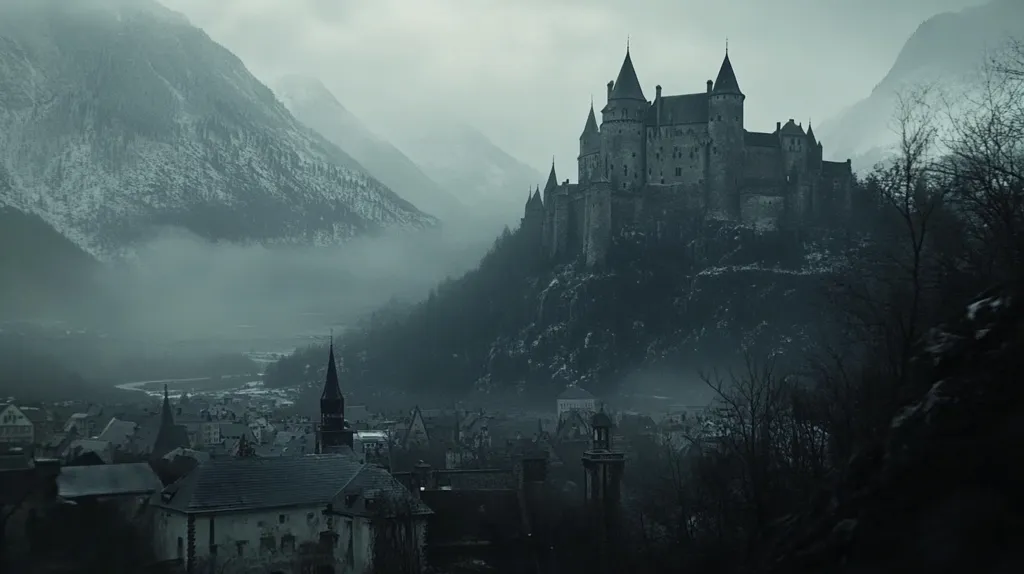 A large, imposing castle stands on a hilltop, overlooking a misty valley. The castle is dark and imposing, with tall towers and a heavy, grey facade. The valley below is shrouded in fog, and the surrounding mountains are covered in snow. The scene is dark and atmospheric, giving the impression of a place shrouded in mystery and danger. The overall feel of the image is one of isolation and loneliness.