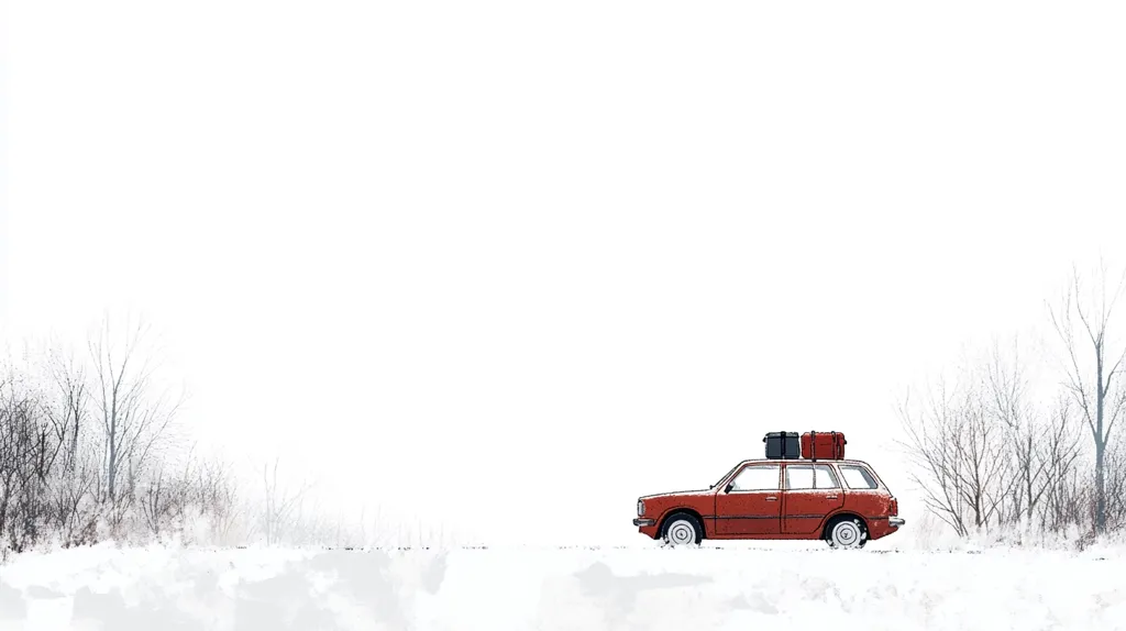 A red car with luggage on the roof drives along a snowy road. The car is small and old-fashioned, and the road is empty. There are bare trees lining the road, and the sky is a pale blue. The scene is simple and serene, evoking a sense of quiet contemplation and wintery solitude.
