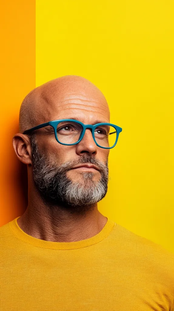 A man with a shaved head and a gray beard is wearing a yellow t-shirt and blue-rimmed glasses. He is standing in front of a bright yellow background. His gaze is directed upward and to the right, suggesting thoughtfulness or contemplation. The contrast between the man's calm expression and the vibrant colors creates a striking image.