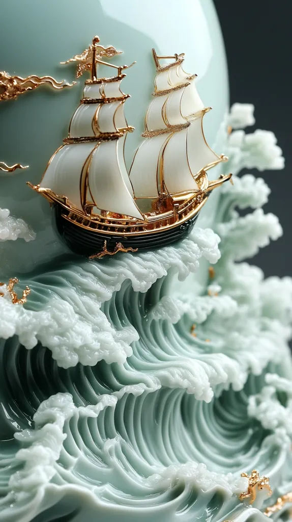 The image shows a ceramic sculpture of a ship sailing through a wave. The ship has white sails with gold trim and a black hull. The wave is made of a light green glaze with white foam and gold accents. The sculpture is a beautiful example of craftsmanship and detail. The image is captured with a shallow depth of field, highlighting the ship and the wave. The background is blurred, adding to the artistic appeal of the image.