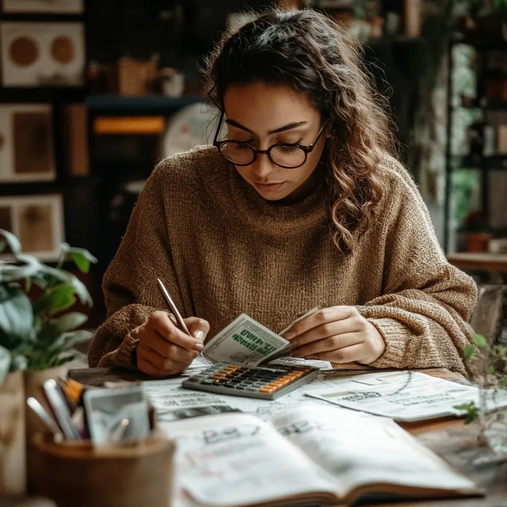 A woman with long brown hair, wearing glasses and a brown sweater, sits at a table, focused on counting money. She holds a stack of bills in one hand and a pen in the other, her brow furrowed in concentration. A calculator, a notebook, and other papers are spread out on the table. The scene suggests a moment of financial planning or budgeting.