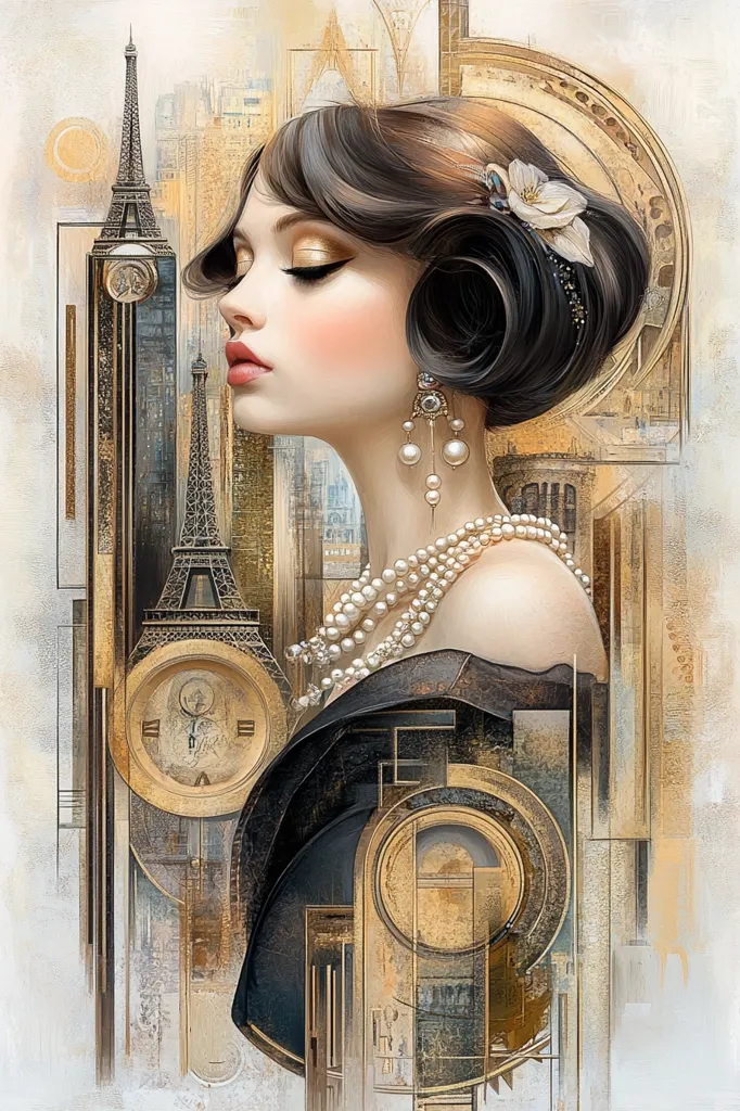 A woman with a stylish 1920s hairstyle and pearl jewelry stares out of the frame, her face a study in subtle emotion. She is rendered in an art deco style, surrounded by geometric shapes, a clock face, and a stylized depiction of the Eiffel Tower. The artwork has a vintage, elegant feel with rich gold and brown tones.