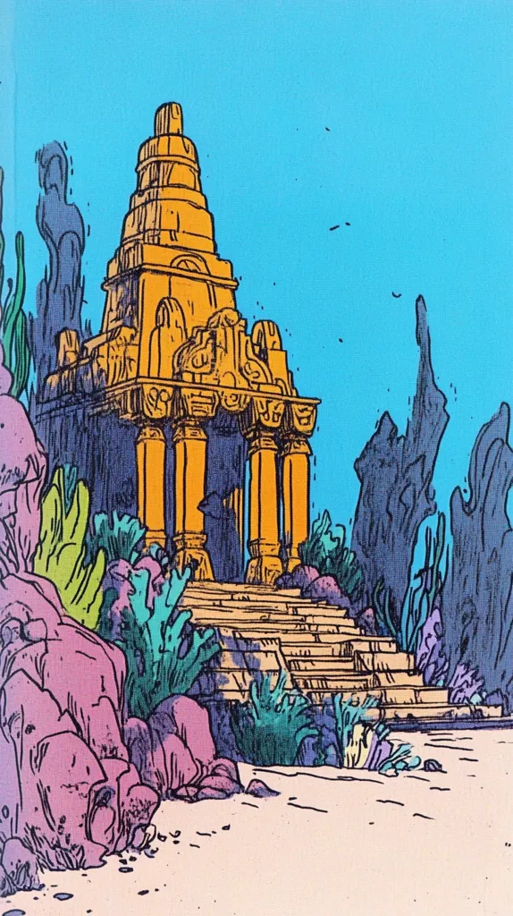 The image is a cartoon depiction of a large, ornate temple set on a sandy beach. The temple is built in a layered style with many small pillars and intricate details. It is made of a vibrant yellow color, which contrasts with the blue sky and purple-grey coral that surrounds it. There are also many green plants and small rocks scattered around the beach. The image has a whimsical and fantasy-like feel.