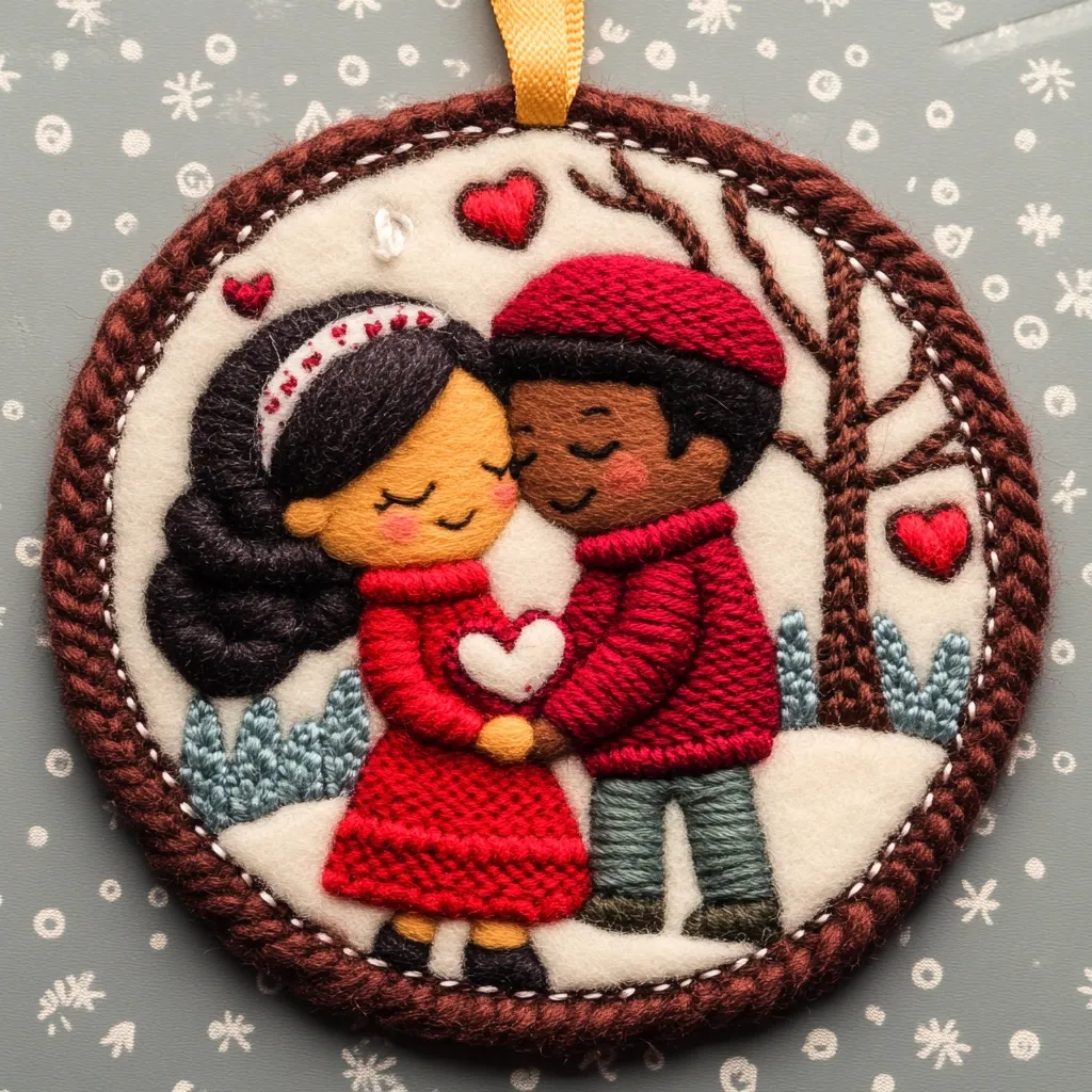 The image shows a circular, embroidered ornament depicting a couple in love. They are standing close, holding hands and looking into each other's eyes. The woman has long black hair and wears a red dress. The man is wearing a red sweater and a hat. The background is a snowy scene with a tree. The ornament is surrounded by a brown frame. Several hearts are scattered around the couple, symbolizing their love. The ornament is crafted with yarn and is a beautiful piece of handmade art.