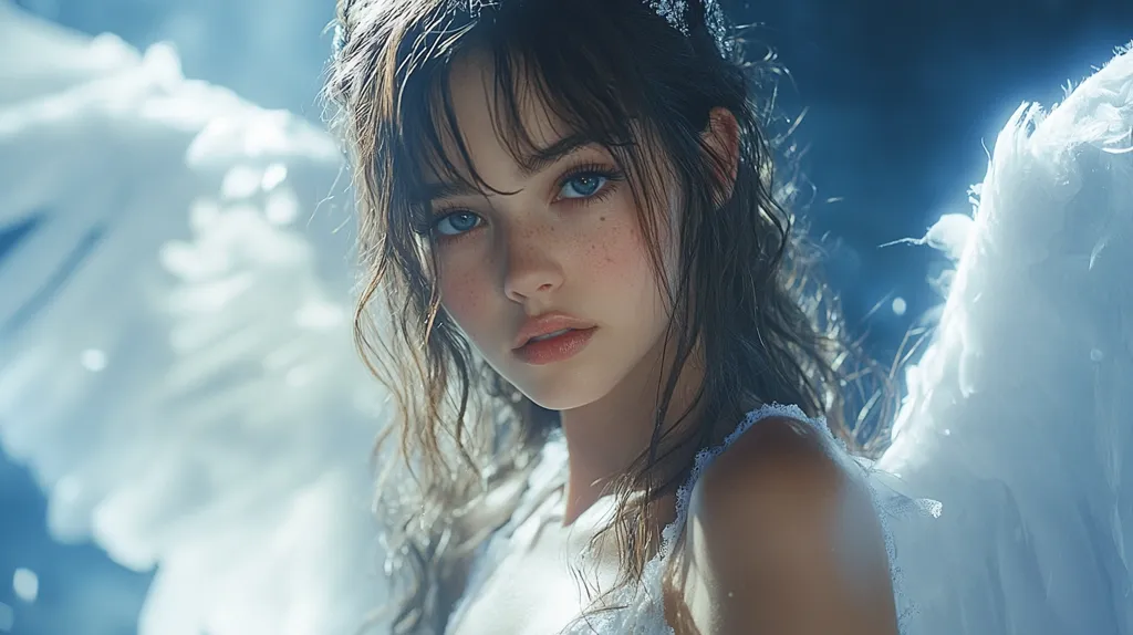 A young woman with long, dark hair and blue eyes gazes directly at the viewer. She wears a white dress and has large, feathery wings behind her. The soft lighting and dreamy background evoke a sense of innocence and ethereal beauty.