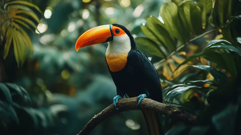 A toucan with a bright orange and yellow beak perches on a branch in a lush, green jungle. Its black body and white throat stand out against the vibrant foliage. The toucan's blue feet grip the branch as it looks towards the left of the frame.  The background is a blur of green leaves, creating a sense of depth and mystery.