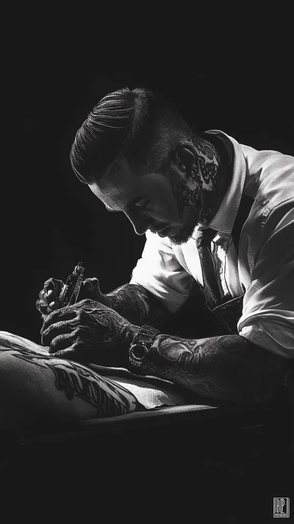 A tattoo artist, with a focused expression, leans over his client, a tattoo gun in his hand.  His sleeves are rolled up revealing tattoos, while the client's skin is partially visible in the lower portion of the image. The black and white tones create a dramatic and intimate atmosphere, highlighting the artist's concentration and the client's anticipation.  The artist's focus is intense, and his dedication to his craft is evident.