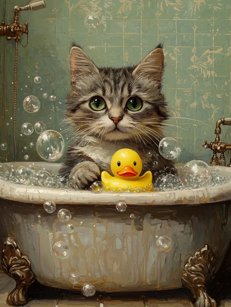 A tabby cat with green eyes sits in a white bathtub filled with soapy water and bubbles. It is surrounded by bubbles of various sizes. The cat is holding a yellow rubber ducky in front of it. The background features green and white tiled walls with floral patterns. The scene appears to be a bathroom.
