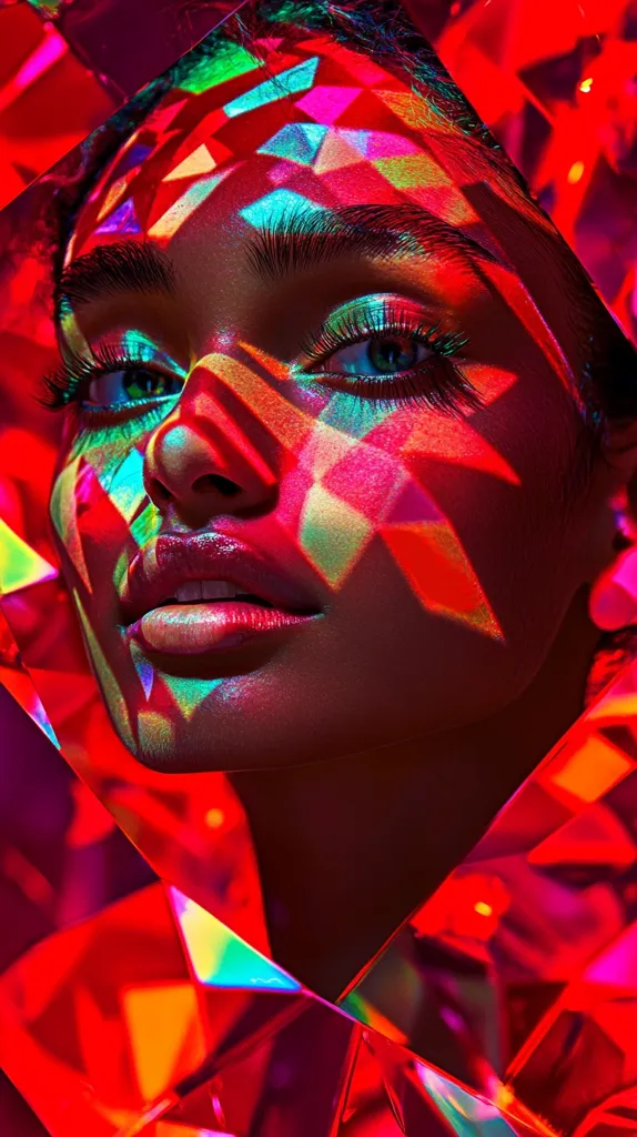 A close-up portrait of a person's face, illuminated by a colorful geometric light. The light creates a vibrant and abstract pattern on the face, with shades of red, pink, green, and blue. The subject's eyes are captivating, drawing the viewer's attention. The overall effect is striking and unconventional.