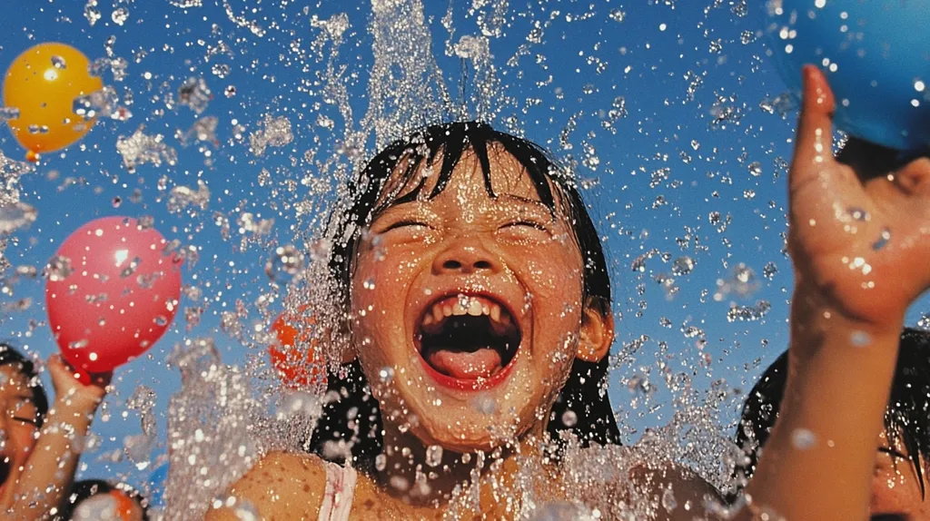 A young girl with dark hair is laughing with her mouth wide open as water splashes over her face. Her eyes are closed, and she is enjoying the moment. There are colorful balloons in the background, and the sky is a bright blue.  The image captures a moment of pure joy and laughter.