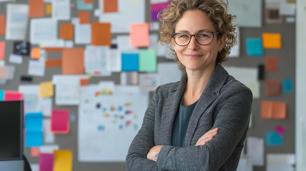A woman with curly blonde hair, wearing glasses and a grey blazer, stands confidently with her arms crossed in front of a wall covered in notes and sticky notes. She smiles warmly and looks directly at the camera. The background suggests a creative or brainstorming environment.