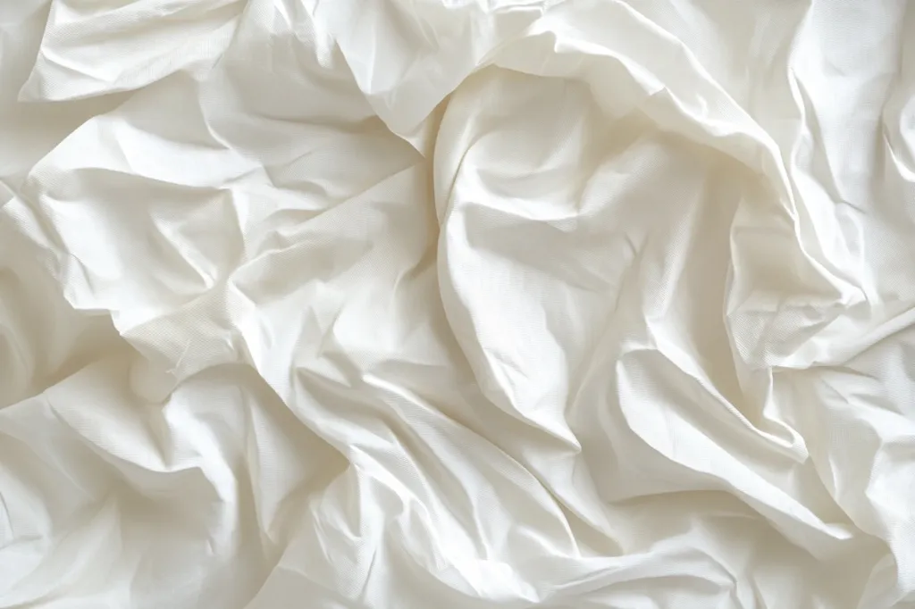 A close-up shot of a smooth, white fabric with soft, flowing folds and wrinkles. The texture is soft and inviting, creating a sense of calmness and serenity. The image focuses on the subtle play of light and shadow on the fabric, highlighting its delicate texture and the beauty of simple forms.