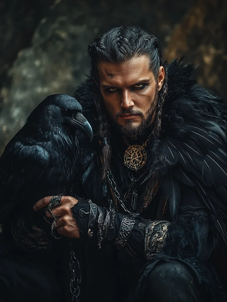 A man with a dark, brooding expression wears a black cloak adorned with feathers and metal accents. His long hair is styled in a braid, and he holds a raven in his hand. The image evokes a sense of mystery and power, with the man's intense gaze and the raven's watchful presence adding to the atmosphere. The dark and moody lighting enhances the dramatic effect of the image.