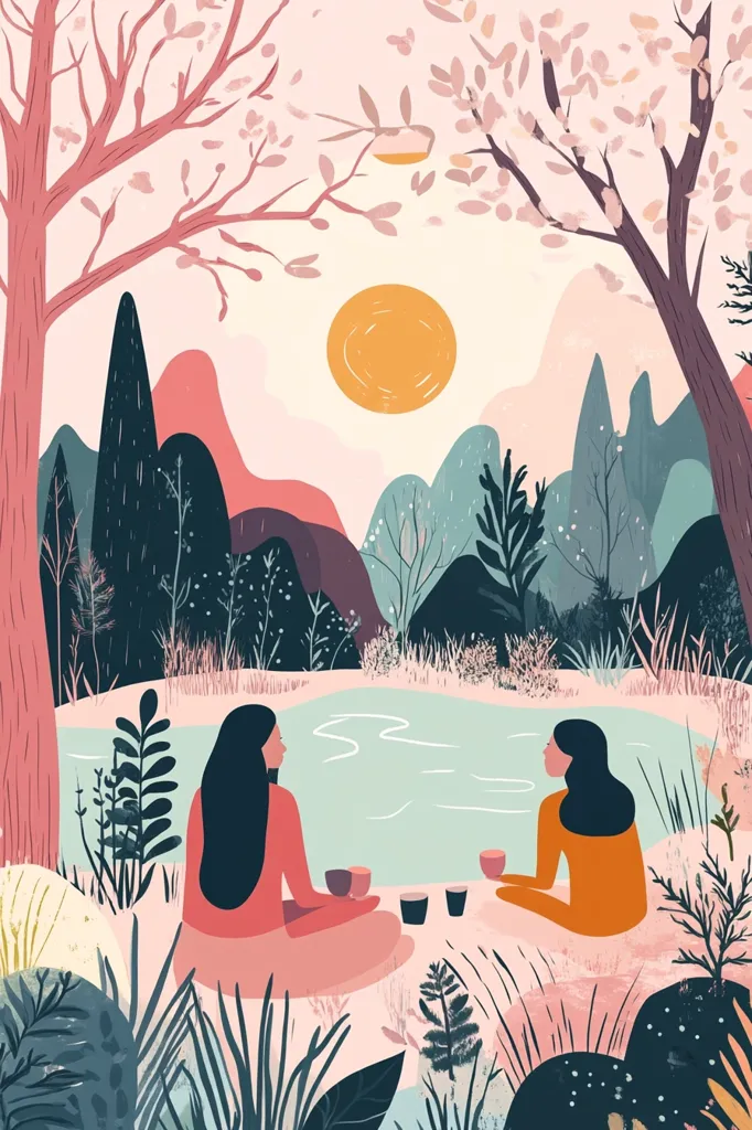 Two women sit facing each other, in lotus position, on the edge of a lake. They are holding cups in their hands. The background is a stylized landscape with a large, yellow sun in the sky and pink, blue and green trees.  The scene is tranquil and peaceful.  The art style is simple and whimsical.