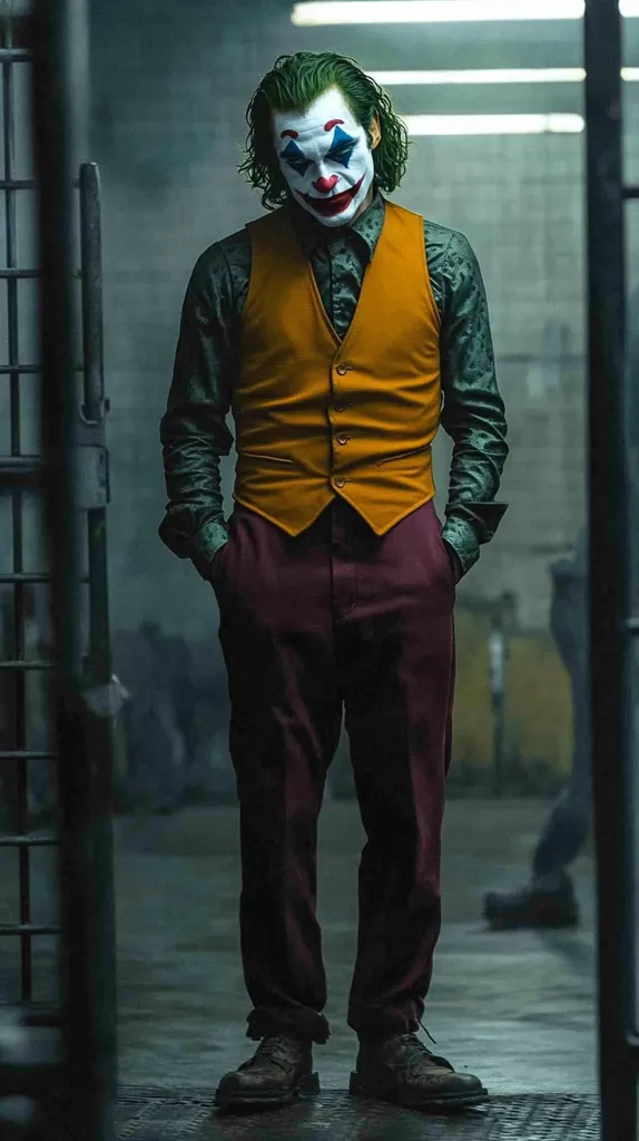 The Joker, with his signature green hair and white face paint, stands in a dimly lit room. He is wearing a dark green shirt with a bright orange vest and maroon pants. His hands are tucked in his pockets, his expression is a mixture of amusement and malice.  He appears to be in a contemplative mood, but with a sinister edge to his demeanor. The image captures a sense of both chaos and control, hinting at the complex and unsettling nature of the character.